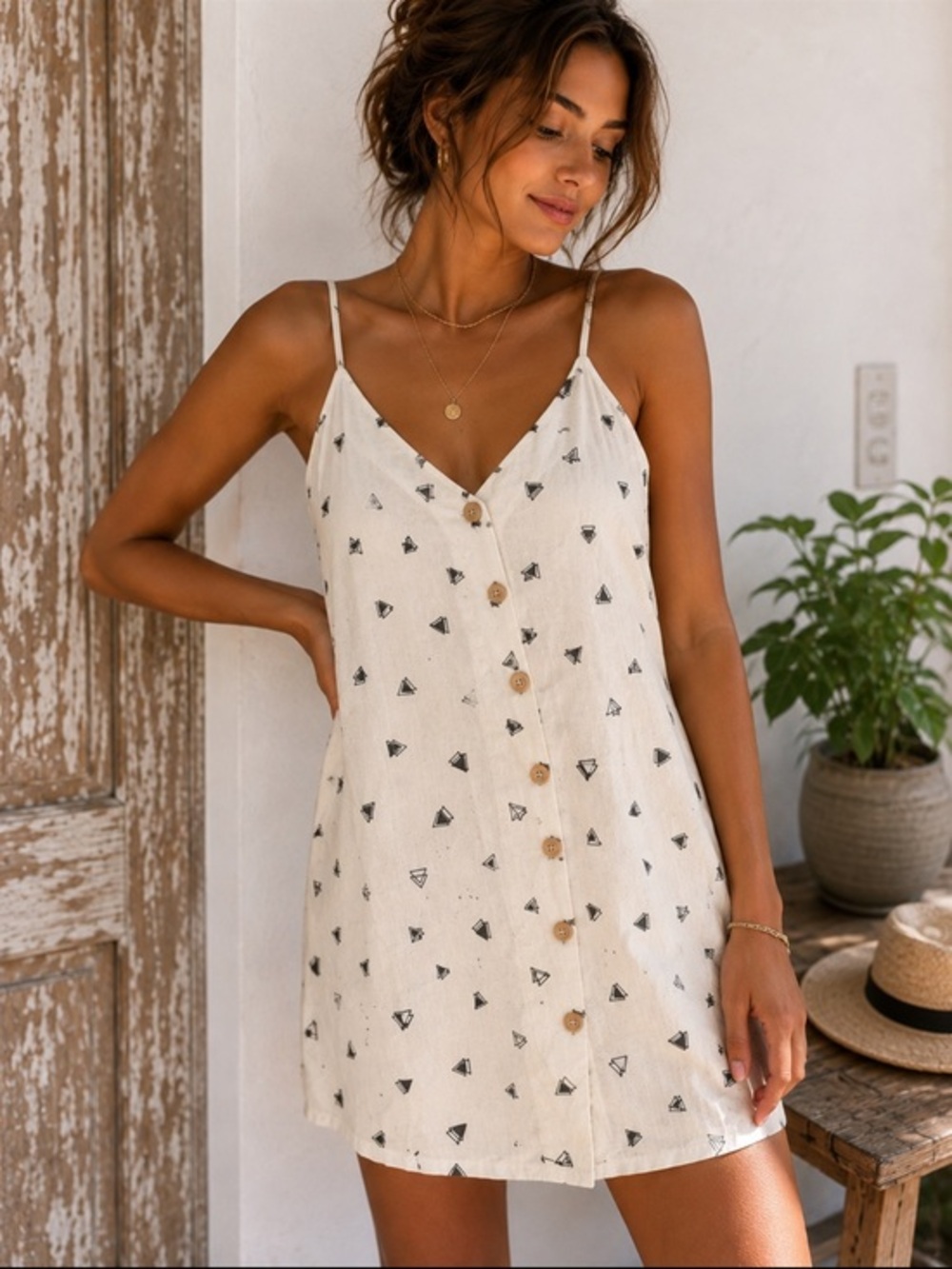 Lush Ivory Linen Blend Geometric Button Front Mini Dress Size L